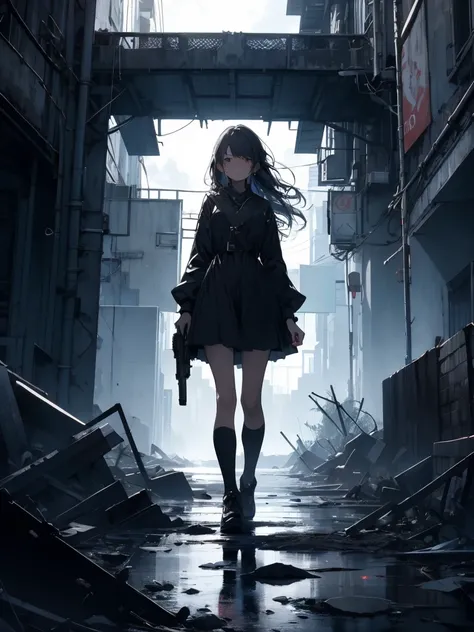 high quality, One Girl, sad, Look Down, Bottom of the earth, stand up, abyss, A city surrounded by high walls, dark cloud, Black Dress, Long Hair, Dystopia, Gun possession、automatic pistol