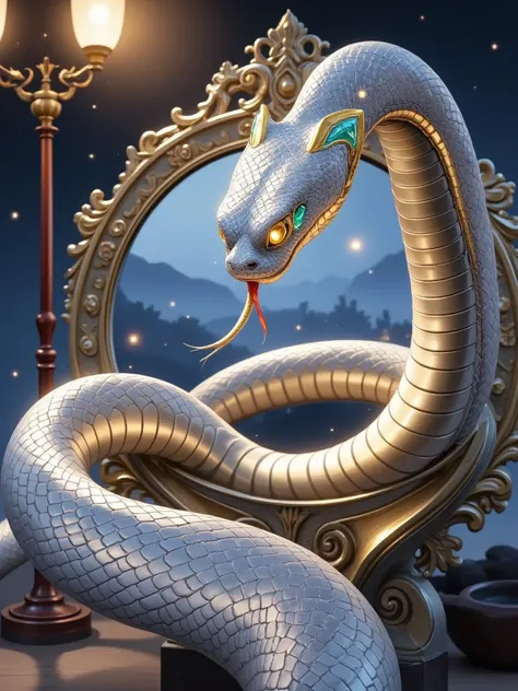 A close - up shot of a magical mirror, with a design inspired by the Year of the Snake. The mirror's frame is a sinuous snake coiled around it, creating a captivating border. The camera focuses on the fine details of the snake's body, its scales are meticu...