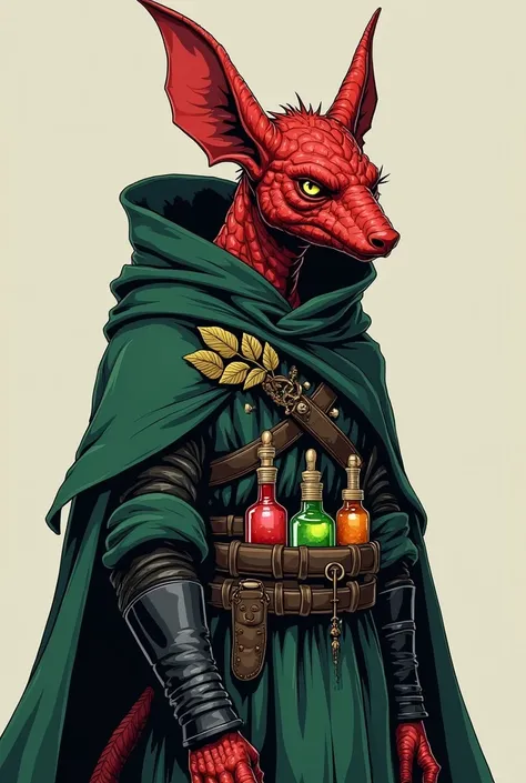 A red-scaled Kobold with a dark green robe with the hood pulled back attached by a leaf-shaped brooch .  manga style . He wears black leather armor and a bandolier filled with bottles containing potions of various colors. Are you holding a dagger made of i...