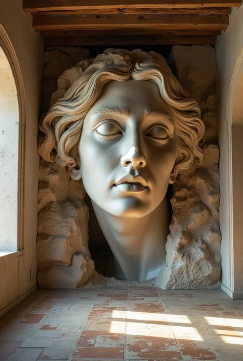  Imaginative image of a statue depicting a woman's face that emerges from one of the walls of a room in a luxurious two-story ancient villa. The woman's face is huge and as big as the room that contains it  