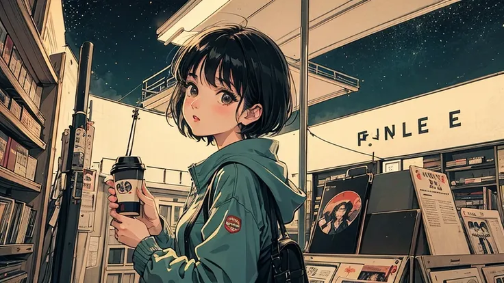 1 person,   short hair ,   I'm studying 80s anime style,  holding coffee in hand, Retro,  LoFi, night view, Records lined up,Stylish lighting,Close-up of a woman&#39;s face, facing the front ,Distant View