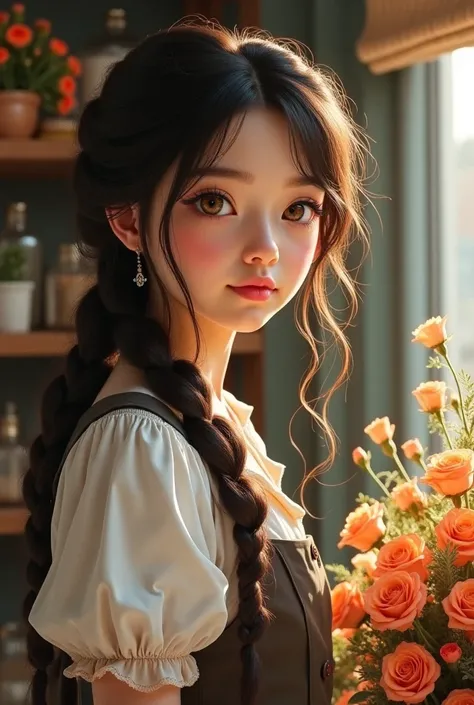 A girl working in a flower shop with long, dark brown hair cascading in soft waves, sometimes tied back loosely in a braid or left flowing freely. Her captivating hazel eyes are flecked with gold, and her delicate features are complemented by fair skin tha...