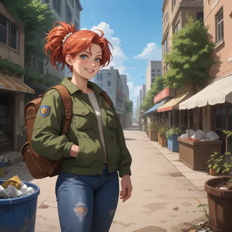  (masterpiece, high quality:1), Character: “Eco-Warrior of Sunlight". with freckles and a radiant smile, dressed / dressed in clothes made of recycled materials (for example, a jacket made of old jeans, a backpack made of banner fabric). The Eco-Warrior ha...