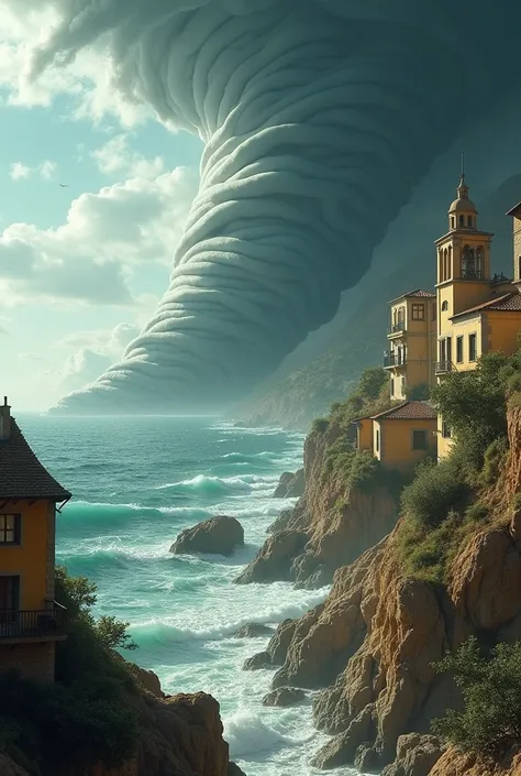 A Spanish town on the edge of a cliff ,  that is overwhelmed by a huge tsunami and tornado