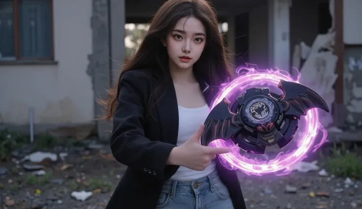 Korean girl of 19 years of age wearing a black jacket over a white top and jeans standing in front of a destroyed building showing a bat themed dark Beyblade illuminating dark energy, her facial expressions are heroic, her hairs flowing, face portrait, viv...