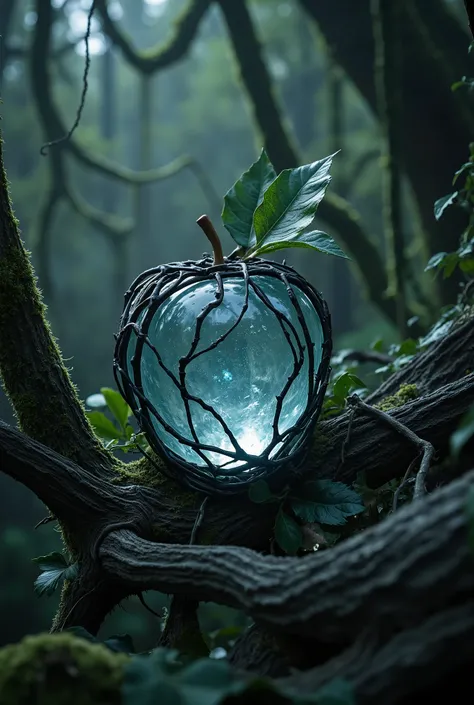 Crystal apple covered with gothic vines in creepy woods with vines coming off trees in forest