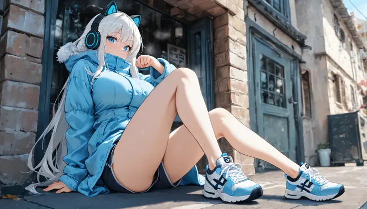 cat ear headphone, blondish white hair, long hair, blue winter coat, shorts, sneakers, [large breasts], blue eyes, masterpiece, amazing quality, detailed background, intricate details, dynamic pose