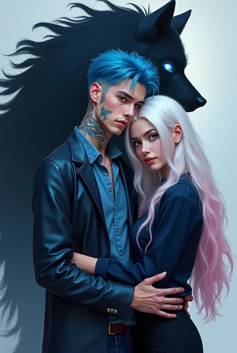 Girl platinum white long hair with pastel pink ends, Blue eyes,a huge anthropomorphic dark dark dark shadow of a wolf hangs behind the girl  ,left parting ,strands at the face , is wearing a navy and black shirt  ,dark fitted high-waisted pants,next to the...