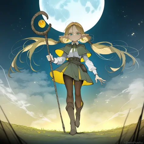 1girl, female elf, twintail, long hair, pointy ears, earrings, collared capelet with long sleeves, skirt, pantyhose, boots, holding a staff, looking at the viewer, floating in the air, big full moon in the background, artist:demizu posuka, very awa, master...