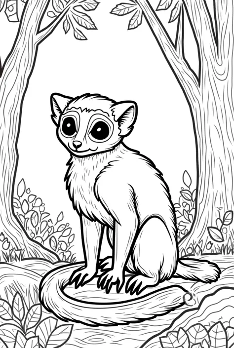 "Make a black-and-white illustration for ren's coloring book. The picture should show a loris in a forest environment. the loris and the forest background should be black and white, with bold, strong, bold letters and well-defined lines suitable for ren to...