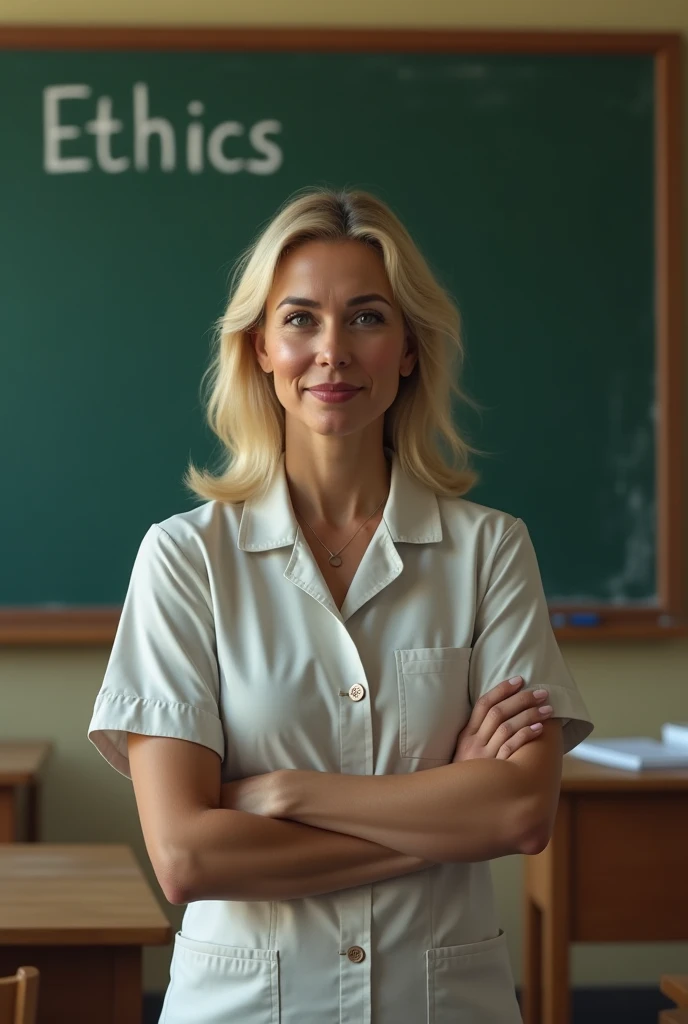 Generate a real life Style image of a middle aged woman, nutritionist, Female teacher, in classroom background, with the ethics subject written on the blackboard. A Female teacher parece o bolsonaro, but with medium length blonde hair, wearing work uniform...