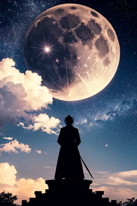  top quality,Big moon and shadow,A silhouette of a person can be seen against the backdrop of a large moon.,There is one full moon,There is a mood, beautiful scenery, starry sky 