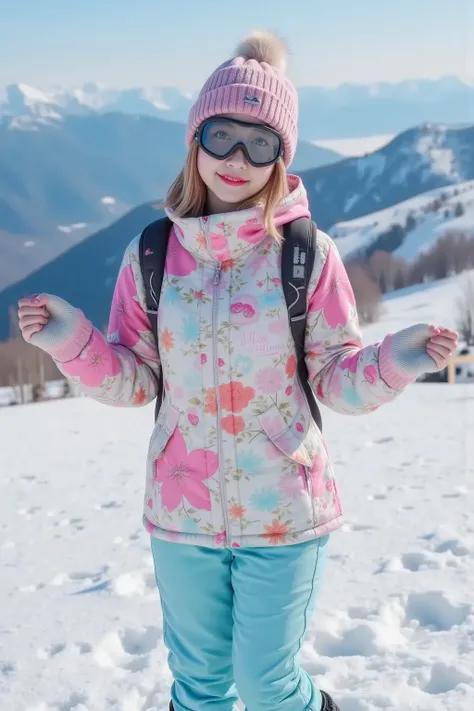 1woman, She is snowboarding at the mountain covered with a lot of snow. She wears a skiing wear that is printed "HARUNA", woolen hat and goggles. (masterpiece, top quality, best quality, extreme detailed, colorful, highest detailed, Dreamy Atmosphere, Brig...