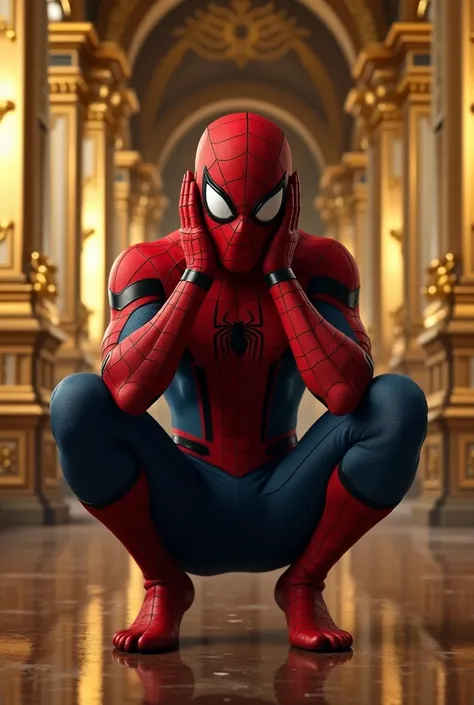 4k image, sharp image, hd image, spiderman sitting in a golden palce and crying with tears