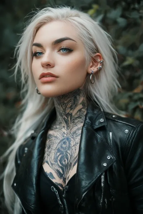 Image of a woman in her 20s , long white hair,  bright blue eyes , white,  Black tattoo that goes up from the shoulder to the neck, daring clothes,  leather jacket, lots of ear piercings 