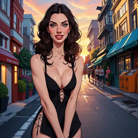  creates a background image of San Francisco . On the street there are people ,  stores and in the background you can see the sunset.  The image is very happy and fun . In the image there is a brunette woman , wearing black glasses,  long wavy hair with a ...