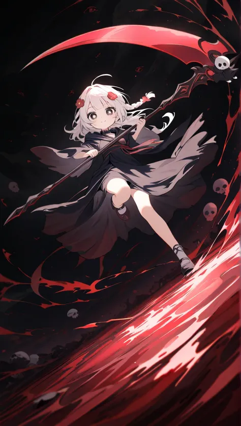 solo,1girl\(grim reaper,cute,kawaii,(chibi),hair color white,braid hair,messy hair,eye color dark,big eyes,white skin,big soft kind smile,enjoy,full body,wearing Grim Reaper's black Robe,(black hood),holding scythe,skip,flower hair ornament,white hair,(bod...