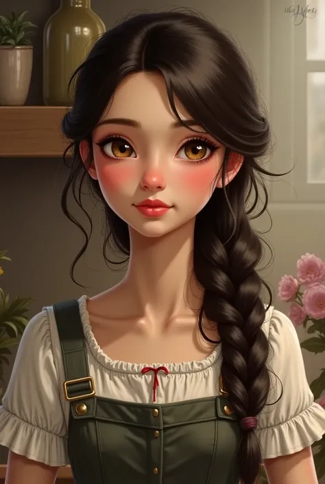 Generate a 19 year old girl that works in a flower shop.She has long, dark brown hair that cascades in soft waves, often tied back loosely in a braid or left flowing freely. Her hazel eyes, flecked with gold, are captivating, and her features are delicate,...