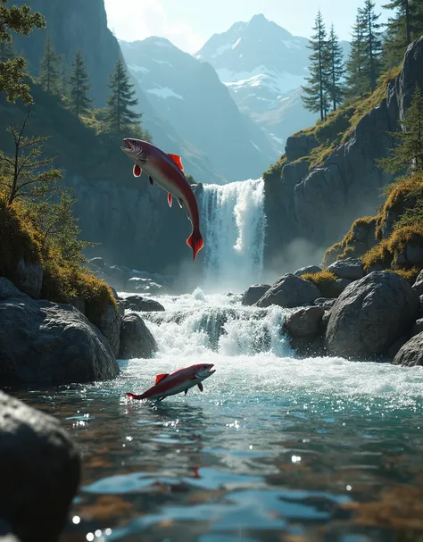 A professional photo of a fly landed on the water, red salmon leaping up a waterfall, dynamic motion in a clear scotch mountain stream, fly fishing scene,(best quality,4k,8k,highres,masterpiece:1.2),ultra-detailed,(realistic,photorealistic,photo-realistic:...