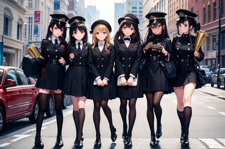 High image quality, high resolution, smooth gradation, vivid colors, a black cloak, a black student uniform, black stockings, black lace-up shoes, black hair, a high school girl, fine winter day, Saturday in a park, girls marching band parade line-up, afte...