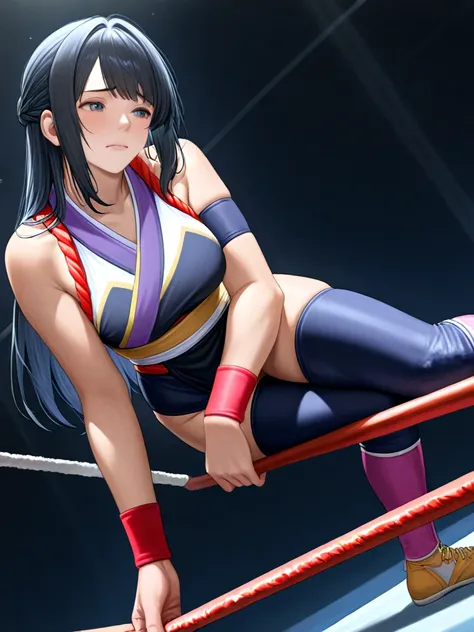 A Japanese female professional wrestler, her name is Natsuki. she is a promising young wrestler,ryona,Dropped onto a pro wrestling rope,tightrope walker,sad,top rated on pixiv, realistic anime style at pixiv,