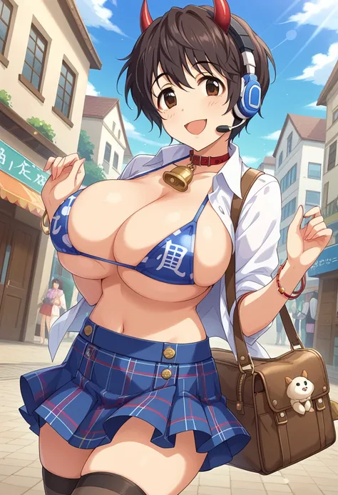 Oikawa Shizuka   ,    short hair ,    Hair,    brown eyes,    one girl ,  alone,  big breasted  、     mouth ,    bracelets with weapons ,  Boob Challenge  、nsfw.rating_ Explicit(1.2)、 There's eroticism  、Black  short hair、  beautiful eyes、( huge boobs :1.5...