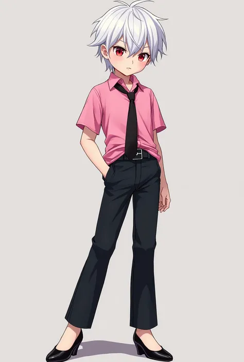 anime style, bare feet, 1boy, young boy, white hair, red eyes, pink short shirt, black necktie, black suit pants, black heels