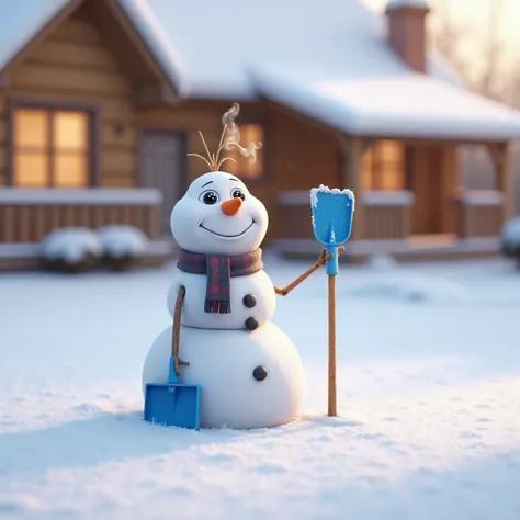 /imagine prompt: A cheerful snowman standing in a snowy backyard, holding a bright blue snow shovel. The snow sparkles under the soft golden sunlight, and a cozy wooden house with smoke coming from the chimney is visible in the background. Ultra-detailed, ...