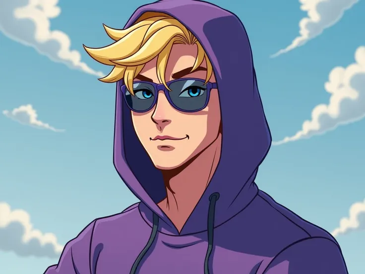 Genrée moi un homme habiller d’un survêtement de sport violet , capucher avec les cheveux blond et les yeux bleue muni d’un paire de lunette ronde de couleur doré ,avec un visage serieux dans un style de filme d’animation 