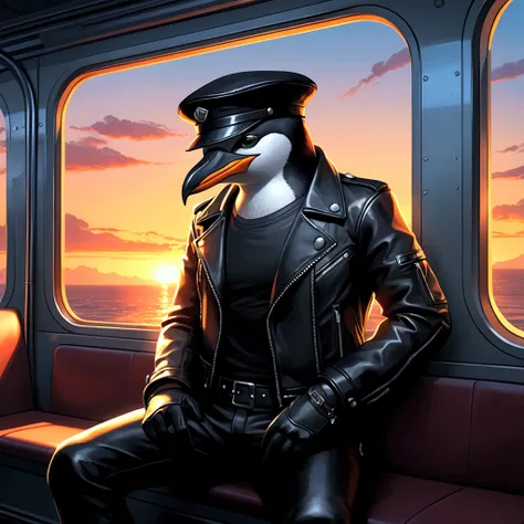 Visual title screen，An extremely badass anthropomorphic penguin wearing an insanely cool black leather biker jacket open, black leather biker hat, black shirt, black leather biker gloves, black leather biker pants, giving it a cool, edgy appearance. Black ...