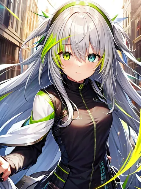 heterochromia,green eye,yellow eye,streaked hair,silver hair,long hair