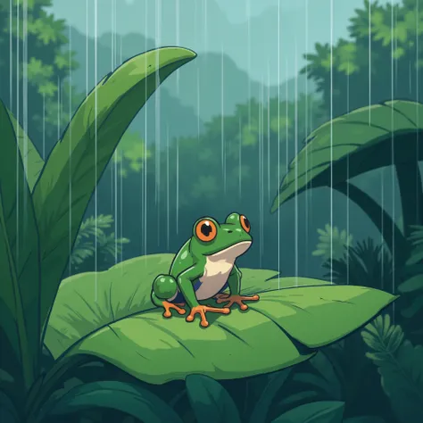 Heavy rain falls 、 tree frog sitting on a leaf、 BRIGHT、Morning、2D illustration、illustration、Anime Design、 Clear Lines 、Thick Line、 simple illustration without gradation。No shading。