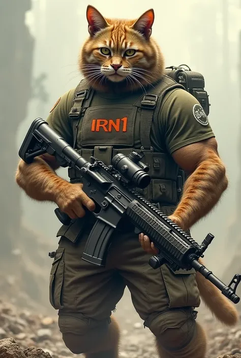 A cat, tall muscular burly , stands holding a Machin gun weapon using IRN1 logo army shirt and lychee 