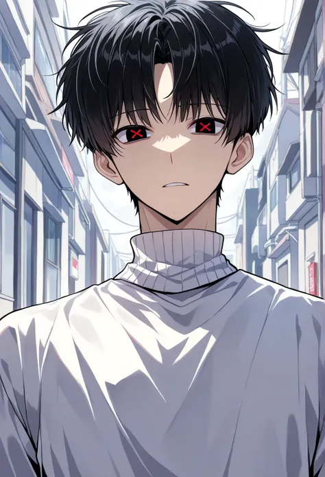 (solo), (handsome), (1 male, short hair), (20 years old), (black hair and white center bangs), (black eyes), (white turtleneck), (best), (high), (score 9), (x shaped pupils), (red_pupils)