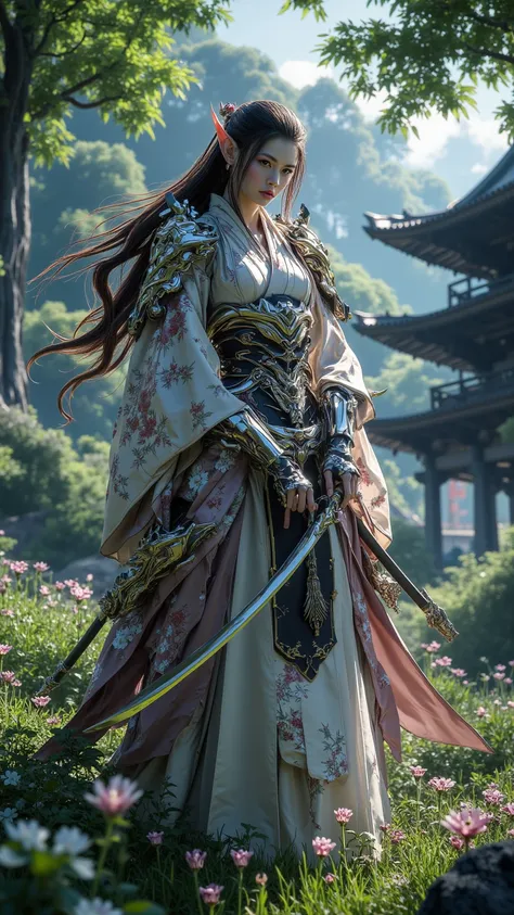 Combination of Elves and Human Japanese Female Samurai，8k， High detail， HD 