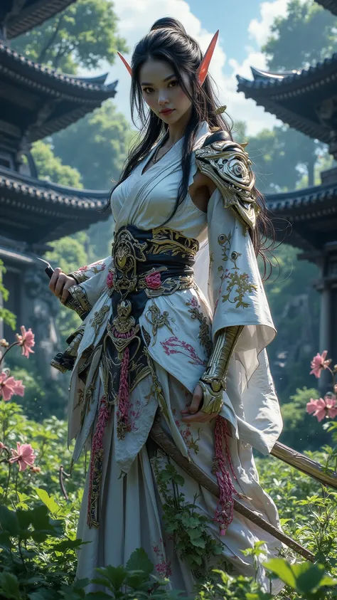 Combination of Elves and Human Japanese Female Samurai，8k， High detail， HD 