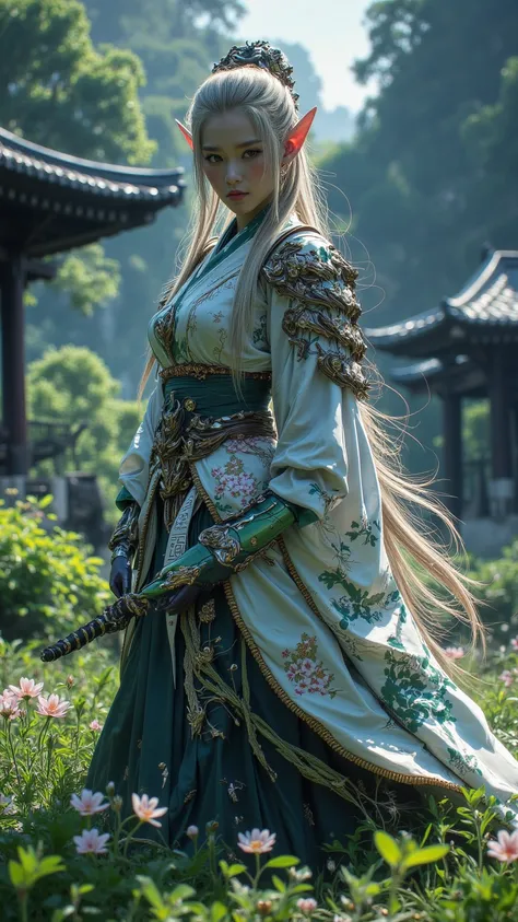 Combination of Elves and Human Japanese Female Samurai，8k， High detail， HD 