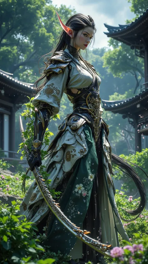 Combination of Elves and Human Japanese Female Samurai，8k， High detail， HD 