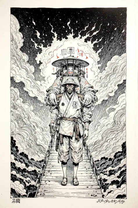    There is an Ukiyo-e of a crazy Japanese monk wearing a hat ,  A monk walking on a suspension bridge while chanting Nembutsu ,Scary works,Exorcist,A monster that flies in the sky,The kanji for burning , Occult Horror Art,bright red hollow eyes, mixed sty...