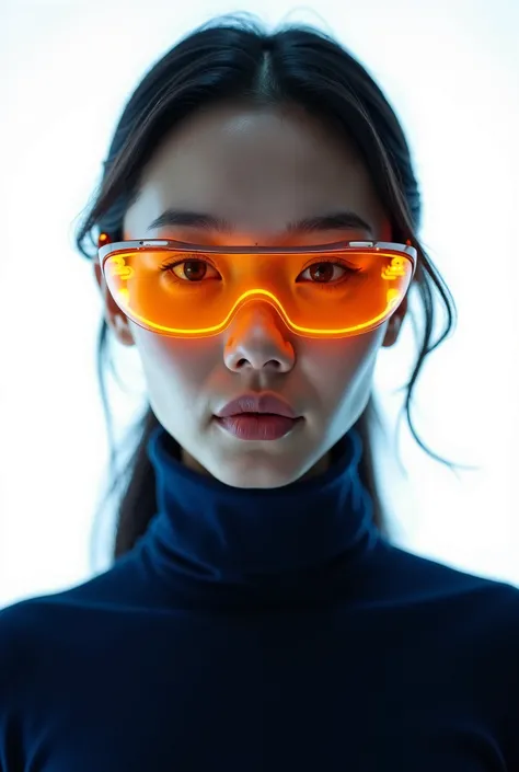 A beautiful Asian woman wears navy-blue turtleneck sweater and futuristic, curved, orange-tinted glasses. The glasses have a sleek, modern design, giving them a sci-fi touch. Three-quarter view, with a minimalist composition that focuses on the balance bet...