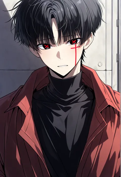 (solo), (handsome), (1 male, short hair), (20 years old), (black hair and hair on the middle bangs is white), (black eyes), (black turtleneck), (best), (high), (score 9), (x shaped pupils), (red_pupils)