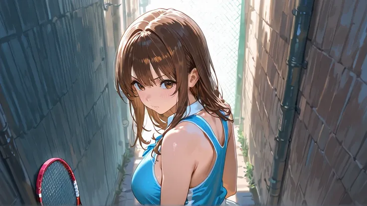 Three busty high school girls　 Brown Hair　 tennis uniform　Back Alley　