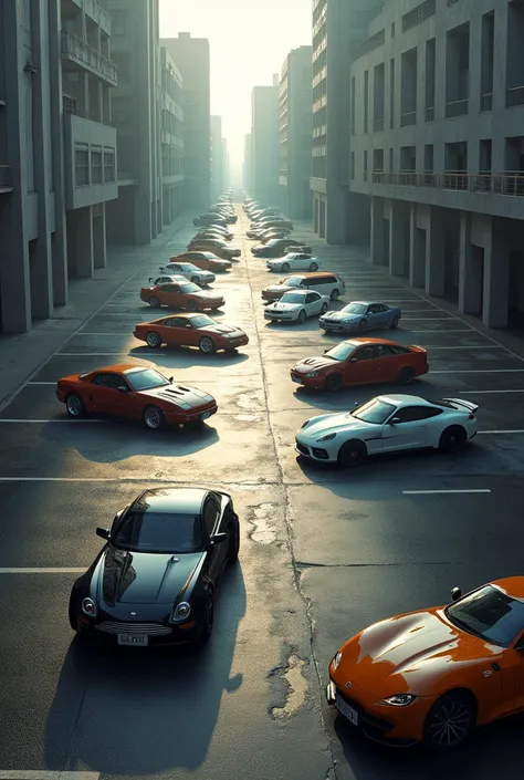 Empty parking lot with cool cars parked 