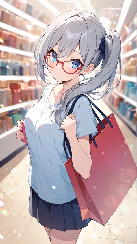  shopping mall、 shopping、 1 girl,  blue eyes、Grey Hair、Red-rimmed glasses、 side ponytail 、 wide angle shot、 widescreen、 background blur,  lens flare, 