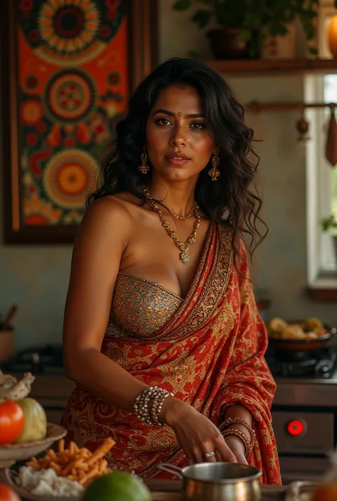 A 30 year old busty voluptuous indian woman with large breasts in a saree that draped seducingly ,cooking in kitchen with tired look on face 