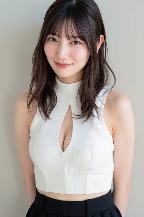  A high resolution photograph of a Japanese adult woman, photo realistic, masterpiece, amazing quality, intricate details , professional lighting, simple background,(from front),upper body, medium shot, looking at viewer , (smile), (standing), (arms behind...