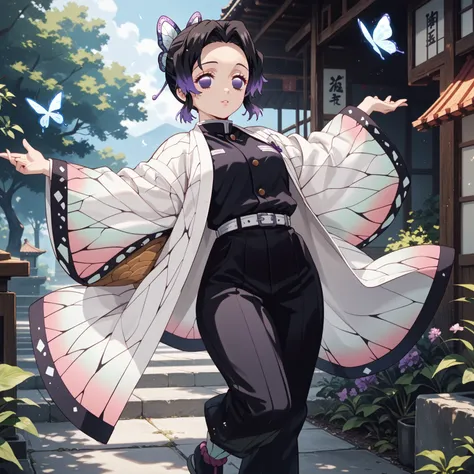 kochou shinobu, black hair, hair ornament, multicolored hair, purple hair, butterfly hair ornament, short hair, gradient hair, purple eyes, no pupils, belt buckle, buckle, butterfly print, wide sleeves, japanese clothes, haori, Black Pants, thigh gap, glos...