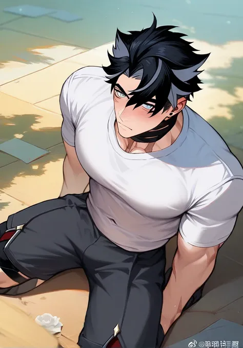 Genshin Impact Wriothesley, wearing a white shirt and black shorts, with biceps and abdominal muscles, kneeling on the ground, blushing