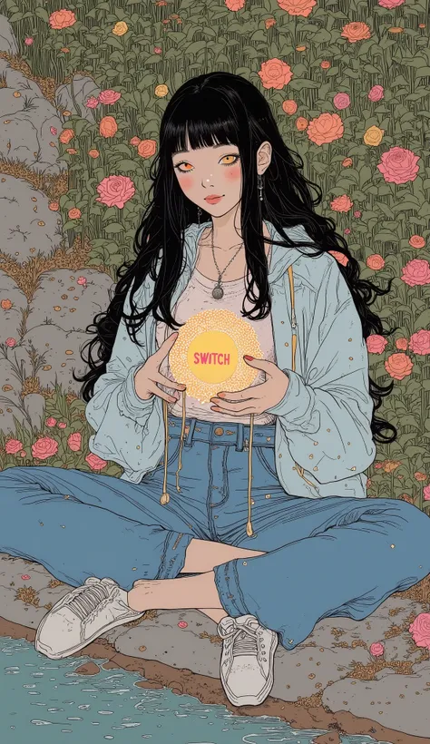  beautiful japanese woman ,  black hair、 with long hair 、 bangs with lots of flowers ,From both hands "SWITCH", The word comes up 、  I'm wearing long jeans and sneakers ,  smiling cross-legged on a river rock  ,  anatomically correct、