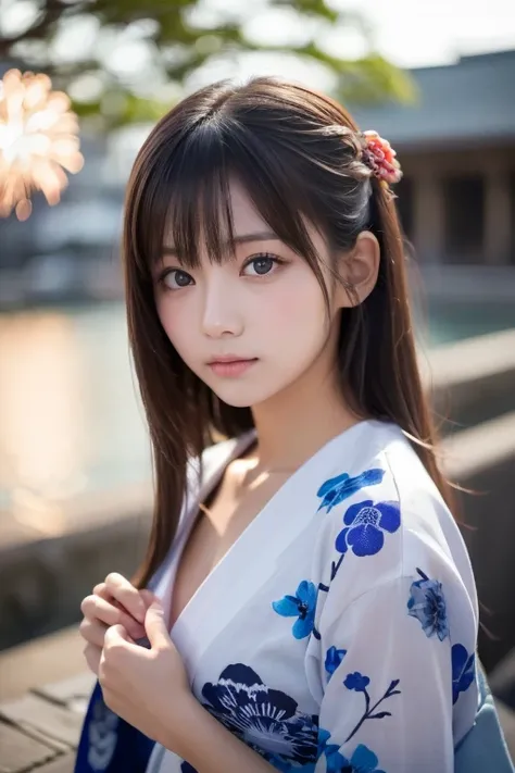 ((masterpiece,  Top Quality,  Ultra Fine,   high definition  )), Alone,  beautiful girl , 輝く瞳,  perfect eyes, ,  blue theme , yukata, firework